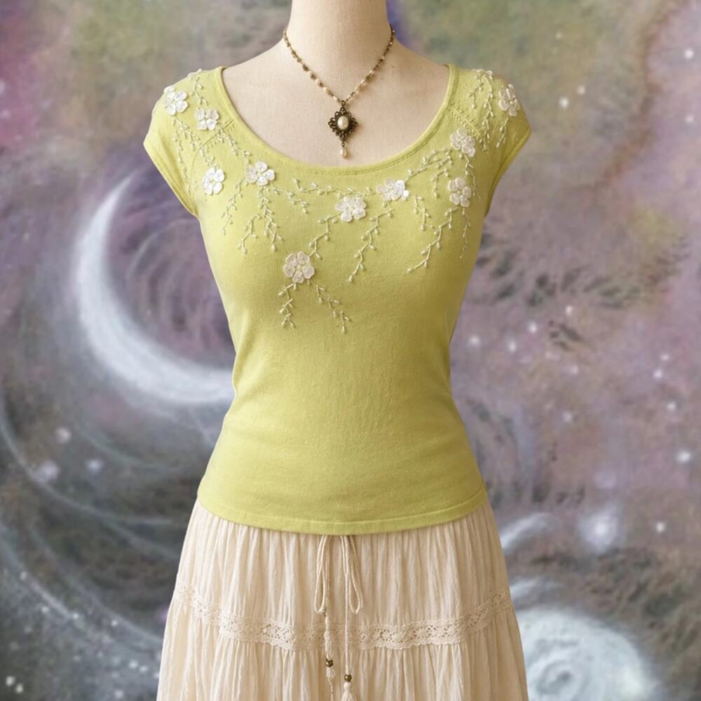 Mother of Pearl Floral Beaded Silk Knit Top Y2K Fairy Whimsigoth